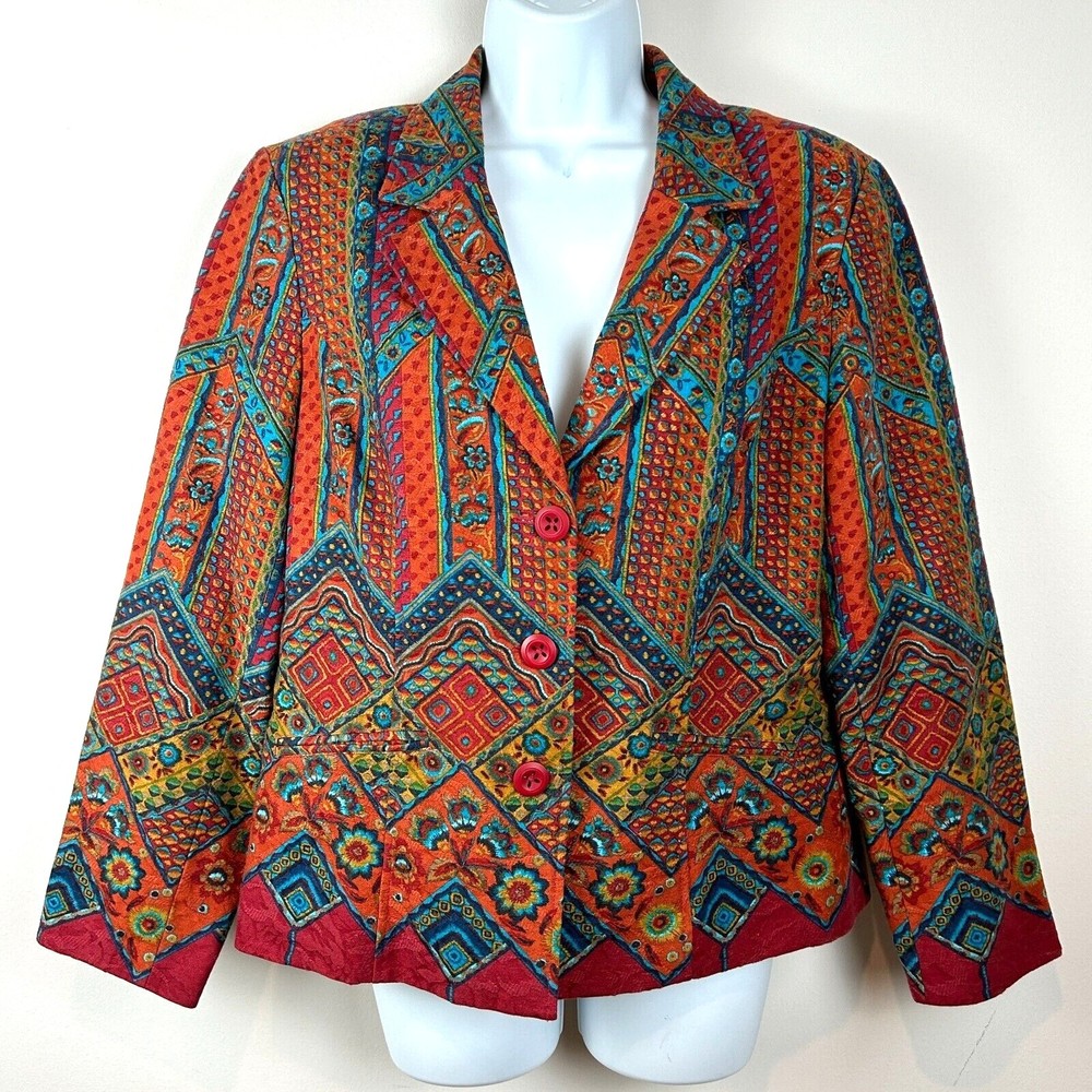 Coldwater Creek NWT Ethnic Stripe Red Blue Blazer Jacket 14 Petite